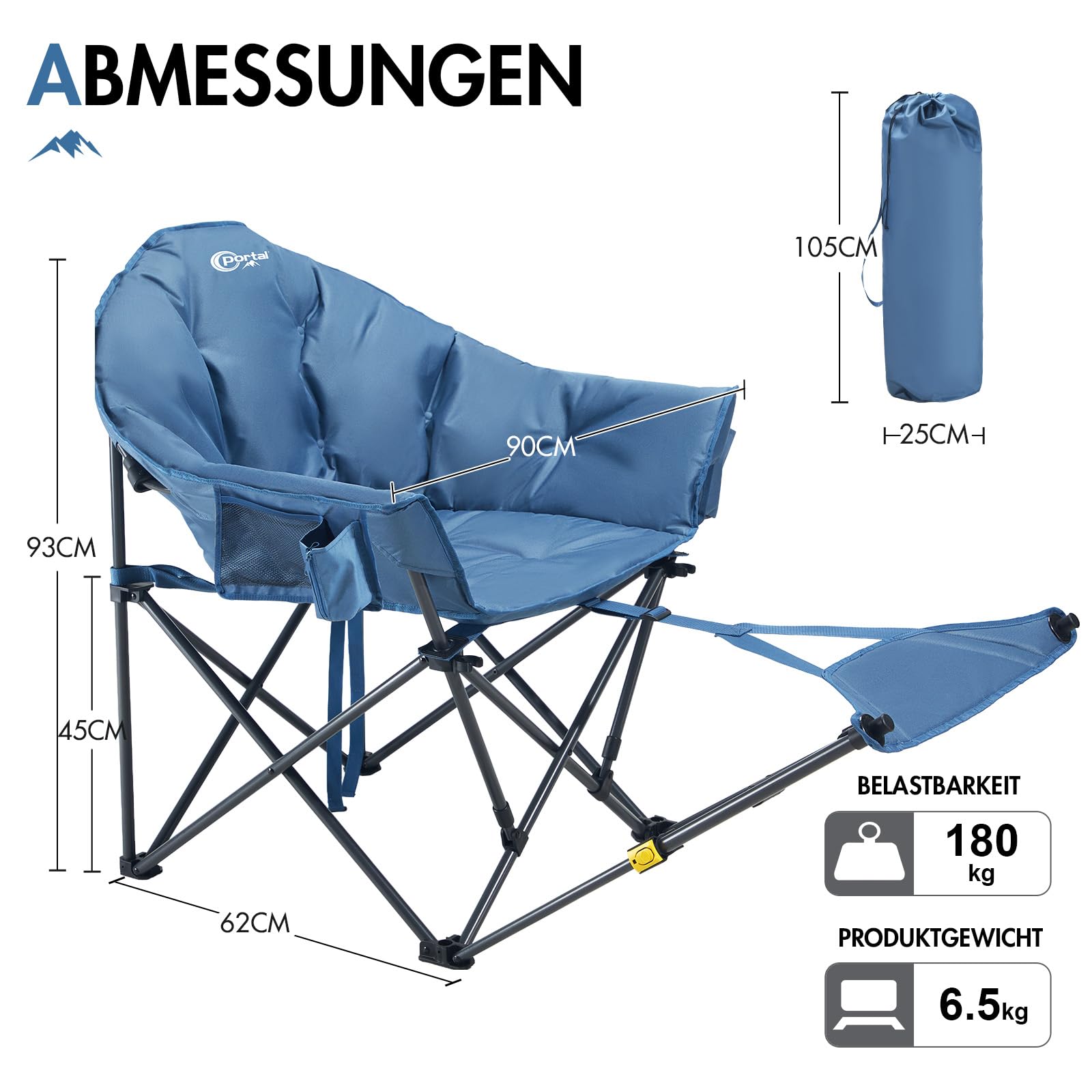 Moonchair Campingstuhl mit Fußablage 180kg XL Bequemer Luxuriös gepolsterter breiter Gartensessel Schwerlast-Liegestuhl ideal für Strand, Picknick, Balkon & Terrasse