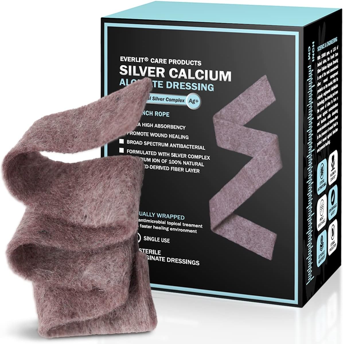 EVERLIT AG Silver Calcium Alginate Wound Dressing | Absorbent Non-Stick Sterile Dressing Pad | Gentle Hemostatic Gauze with Natural Gelling Fiber for Wound Care (0.8" x 12" | Pack of 5)