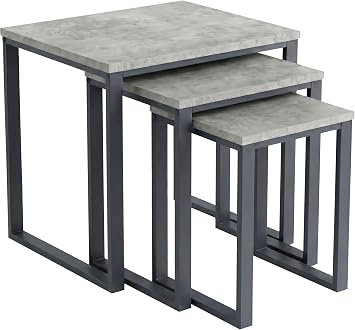 Blisswood Nest of 3 Tables for Living Room, Industrial Nesting Coffee Table Set of 3 with Metal Frame, Stacking Side End Tables, Space Saving Occasional Set for Bedroom Small Spaces, Concrete Grey