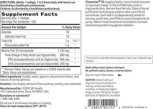 Miniatura 5 de Klaire Labs SFI Health Eicosamax TG Pastillas de aceite de pescado con EPA/DHA - Ácidos grasos omega-3 para apoyar la función cerebral y cardíaca