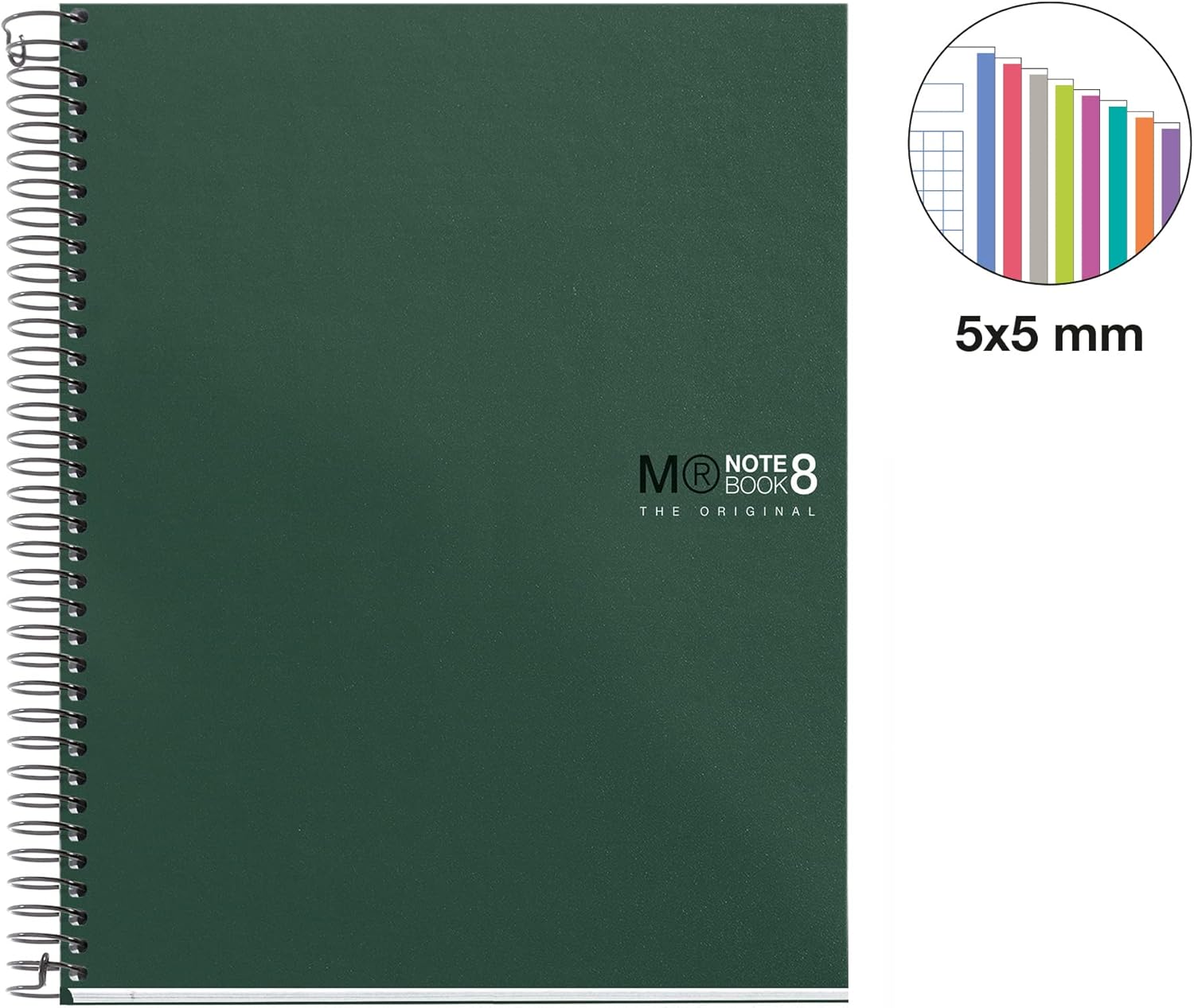 Miquelrius - The Original Notebook Notebook, 8 Coloured Stripes, Opaque Polypropylene Cover, A5 Size (148 x 210 mm), 2 Drills, 200 Sheets of 70 g/m², 5 mm Grid, Khaki