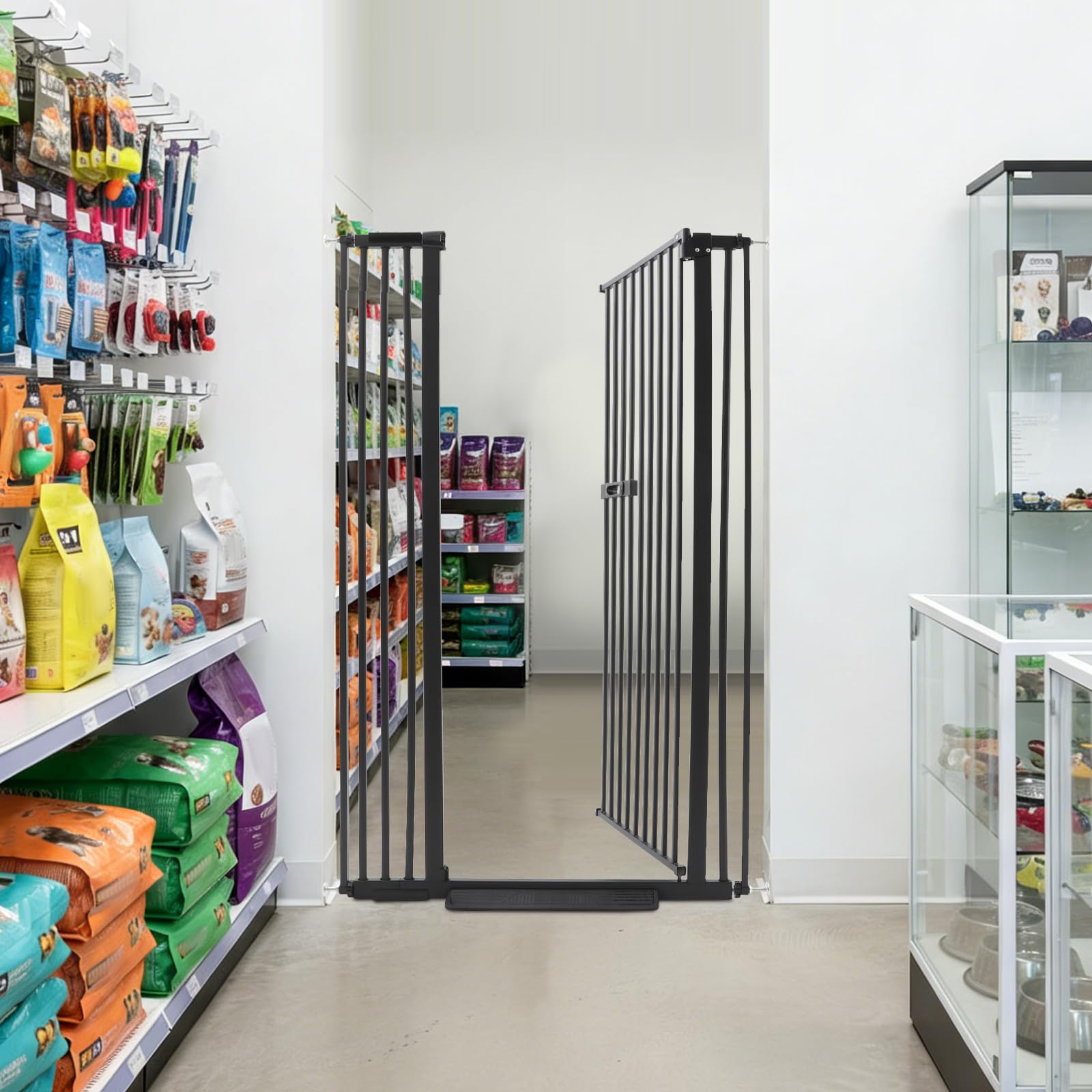 Rejilla de protección para gatos y perros, 150 cm, sin taladrar, doble bloqueo con puerta de gato, rejilla de puerta alta de acero al carbono, para puertas de un ancho de 86-95 cm