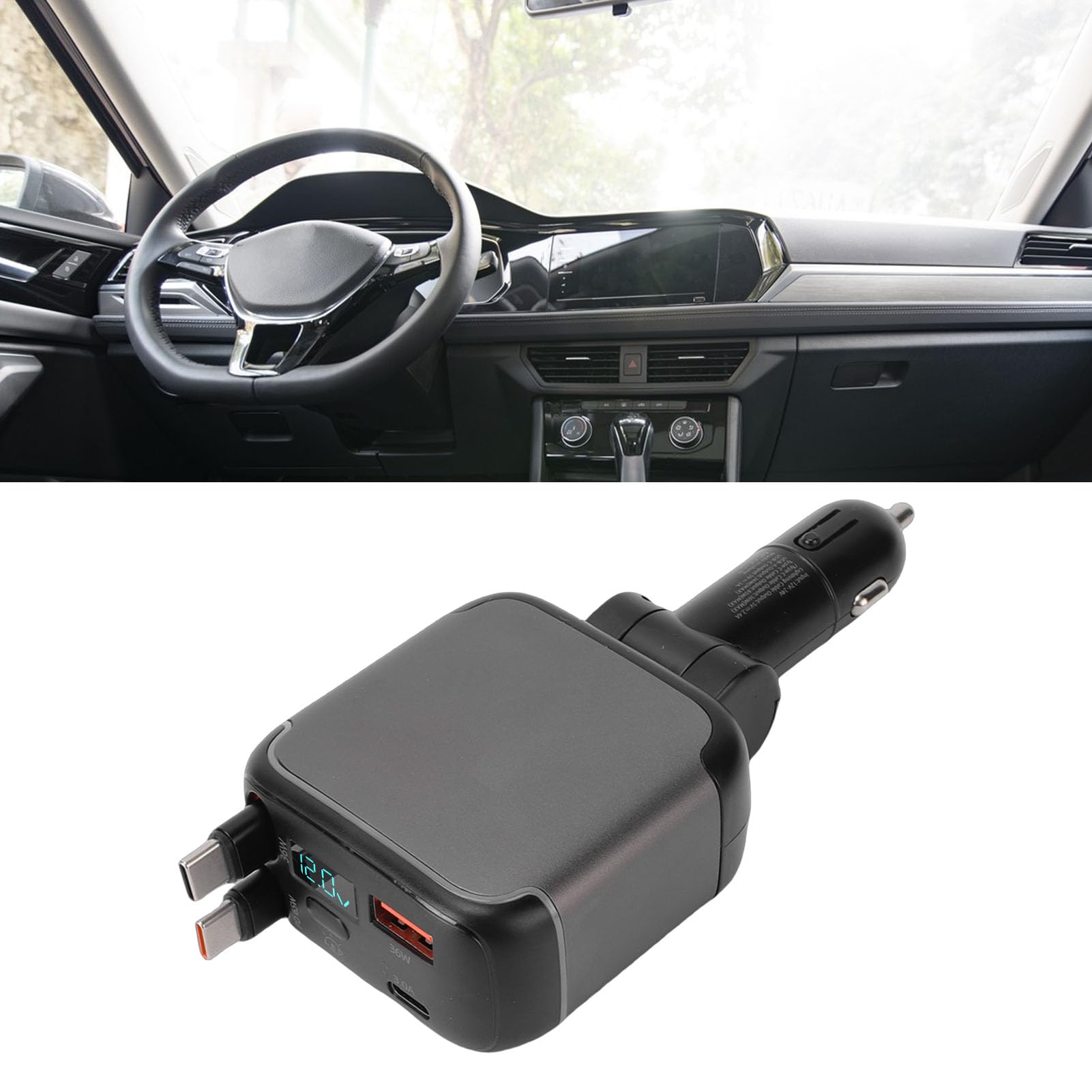 Caricabatterie per Auto Retrattile Ricarica Rapida Efficiente 4 in 1 per Telefoni Tablet Laptop PC ABS Lega di Alluminio