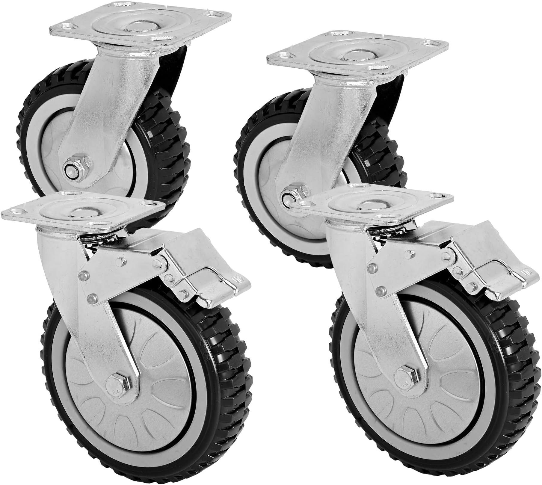 6 Inch Heavy Duty Caster Wheels Set of 4, (2 Brake) Large Polyurethane Casters 2000 LBS Outdoor Industrial Wheels with Knobby Tread for Dolly, Workbench, Trolley, Industrial and Chicken Coop