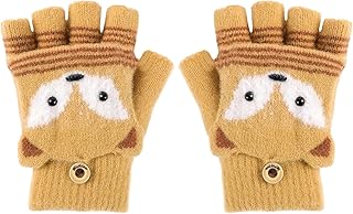 [Avarrerog] 手袋 キッズ 女の子 男の子 可愛い キツネ柄 ニット 防寒手袋 冬 5本指 おしゃれ 人気 滑り止め ハーフフィンガーフリップグローブ 冬物 裏起毛 保温 あったか 指切り グローブ アウトドア プレゼント 通学 雪遊び