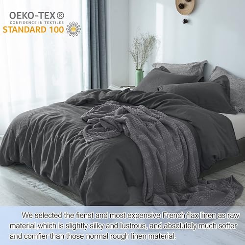 Miniatura 2 de PHF Juego de funda de edredón de lino tamaño Queen, juego de funda de edredón de mezcla de lino francés mejorado, cómodo y elegante para personas