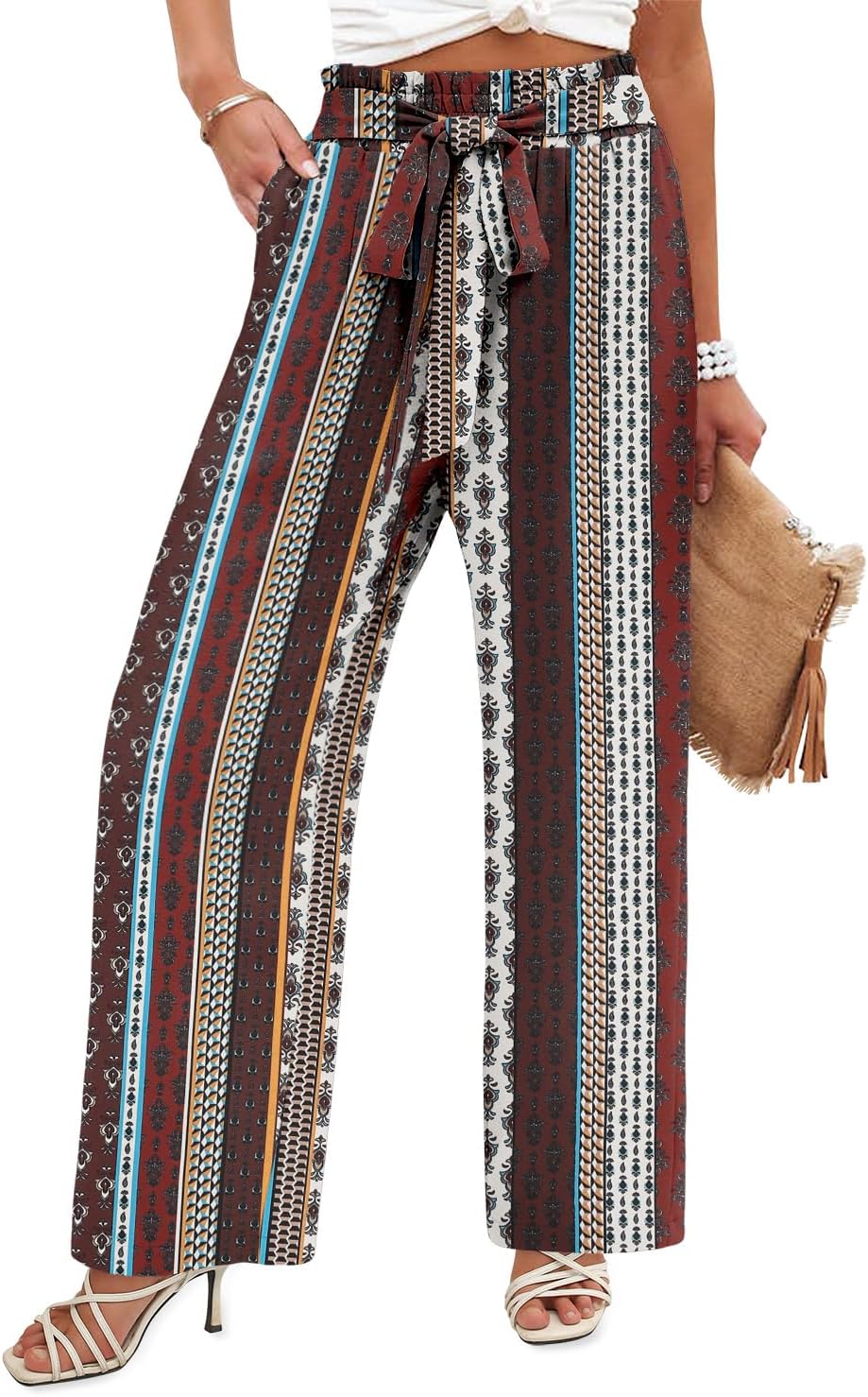 Angerella Womens Wide Leg Pants High Elastic Waist Adjustable Knot Casual Flowy Trousers Business Work Pants with Pockets