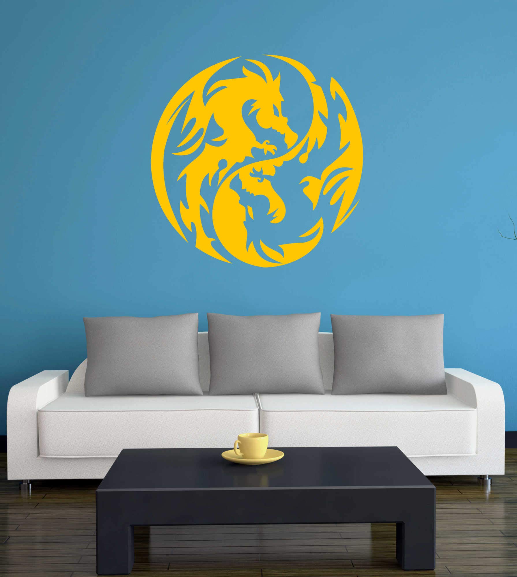 Wandtattoo Yin Yang Drache 60x60 Cm – Goldgelb, Selbstklebend, Aus Vinyl, Für Wände & Möbel