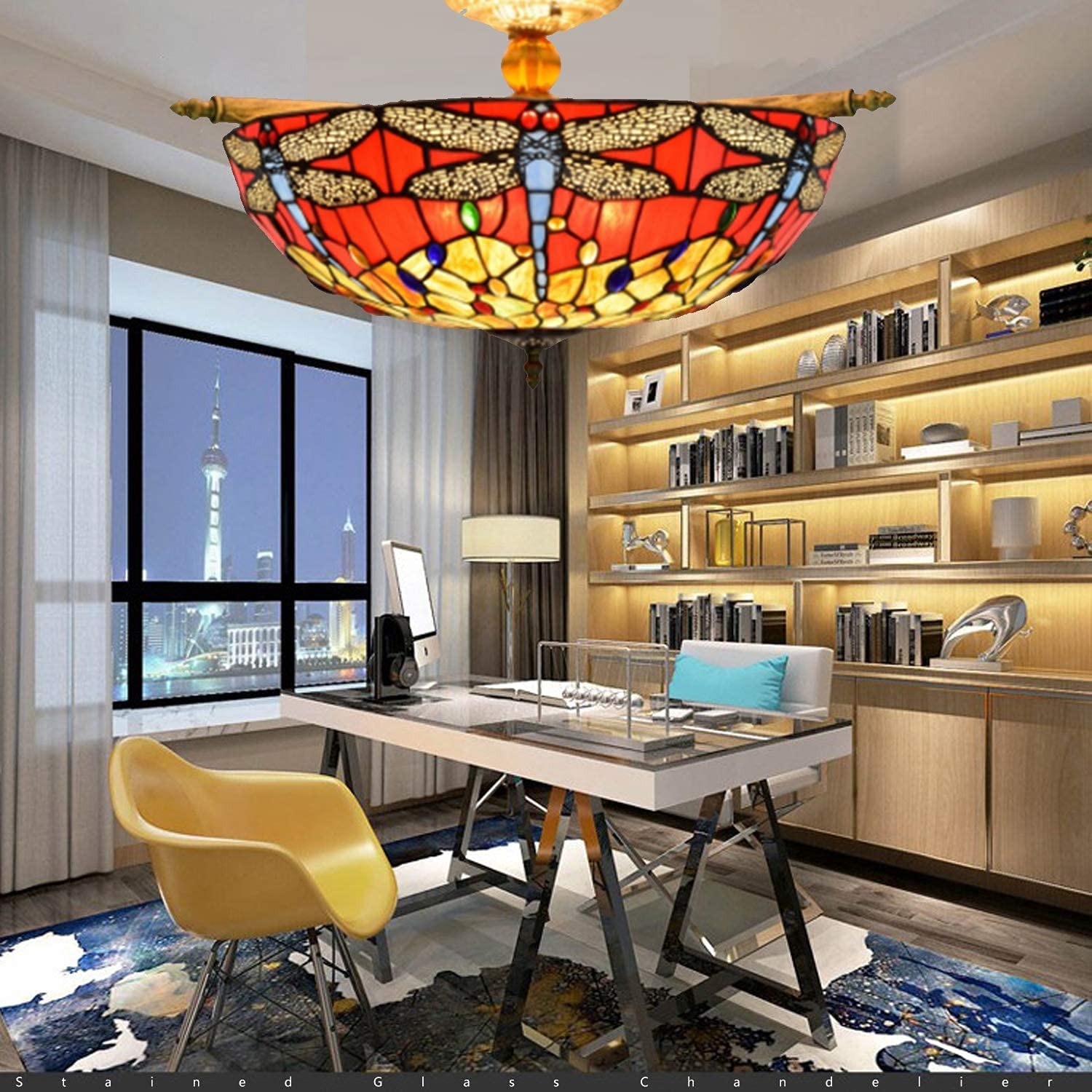 Lampa sufitowa Tiffany, lampa wisząca półpłaska, żyrandol z witrażowym kloszem w kształcie ważki do salonu, sypialni i kuchni, H Comfor (JA)