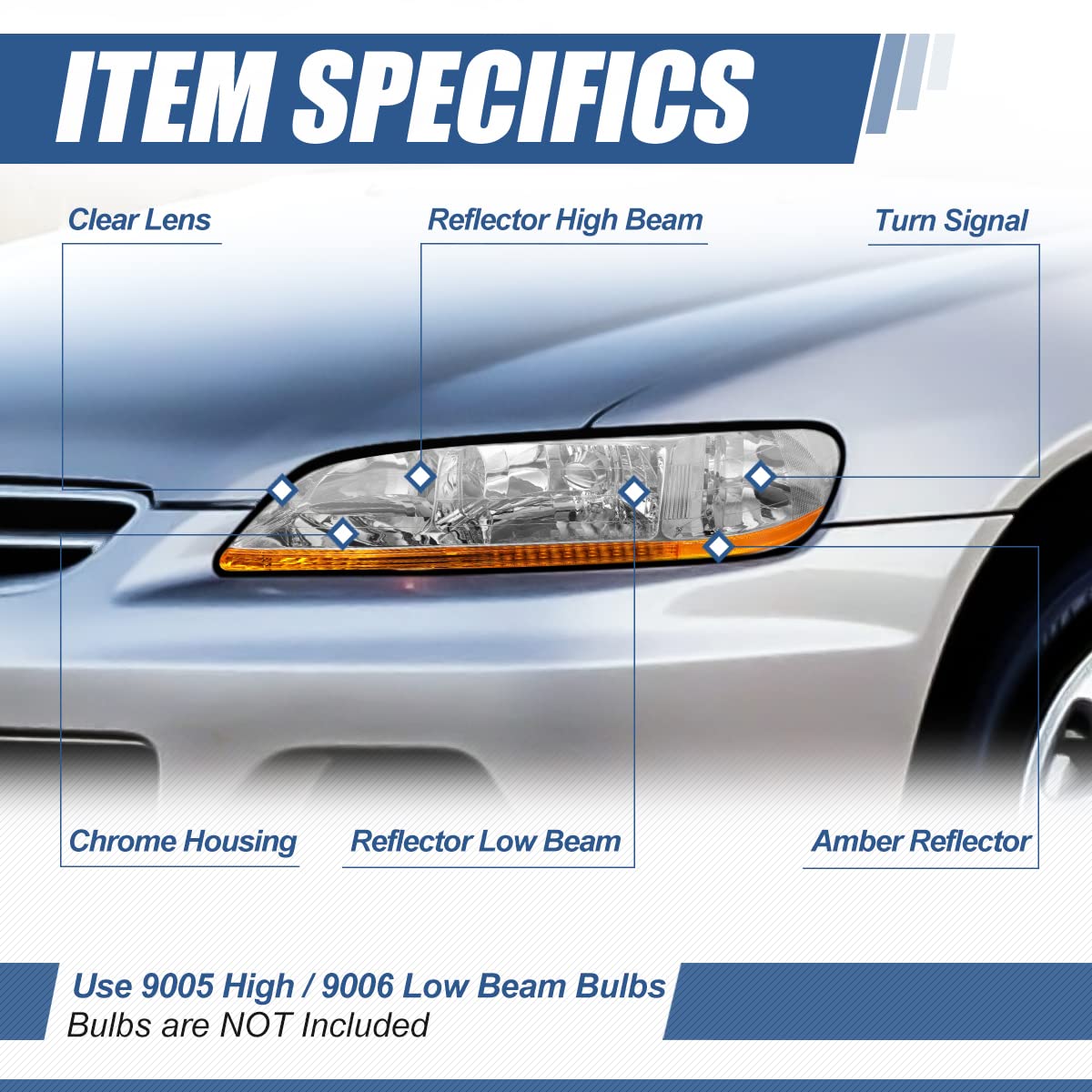 Auto Dynasty [Halogen Model Factory Style Headlights Assembly Compatible with Honda Accord CG 98-02, Driver and Passenger Side, Chrome Housing Amber Corner