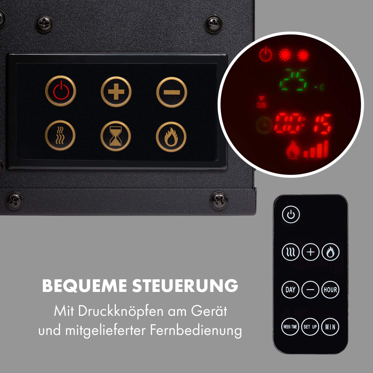 Klarstein Elektrokamin, Elektro Heizungen für Wohnzimmer & Innenräume, Elektrischer Kamin mit LED Flammen, mit Fernbedienung, Heizlüfter mit Timer, Einstellbarer Thermostat, 1600 W