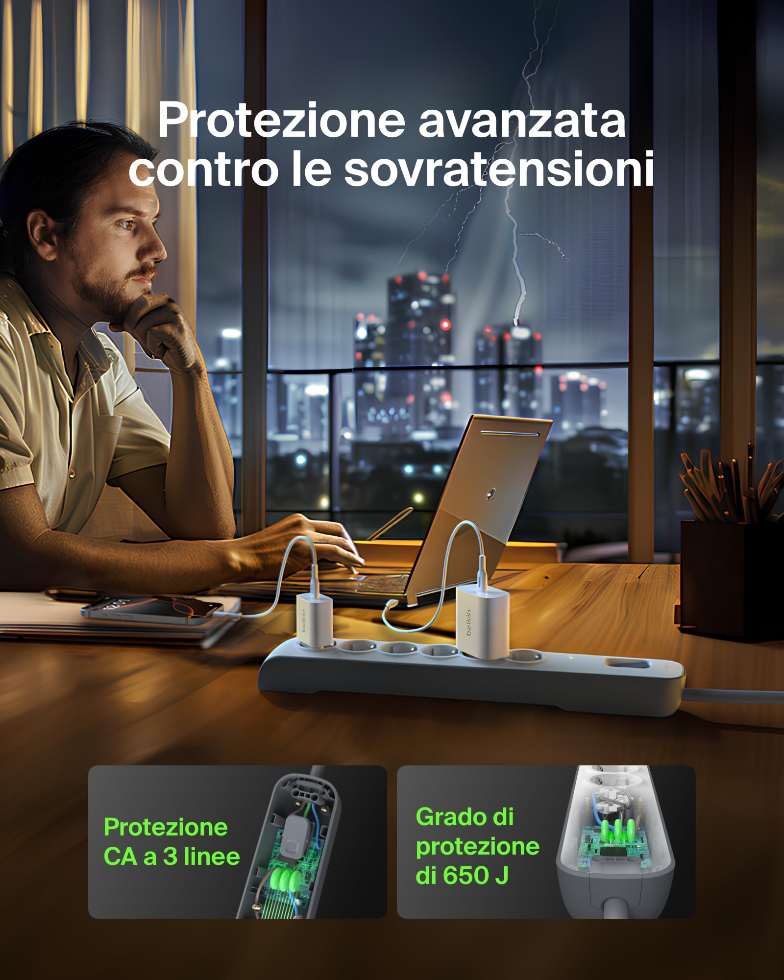 Belkin Ciabatta multipresa con 6 prese, protezione dalle sovratensioni con 6 prese CA protette, 650 joule, cavo di prolunga di 2 metri, presa multipla per casa, ufficio, laptop, computer e altro