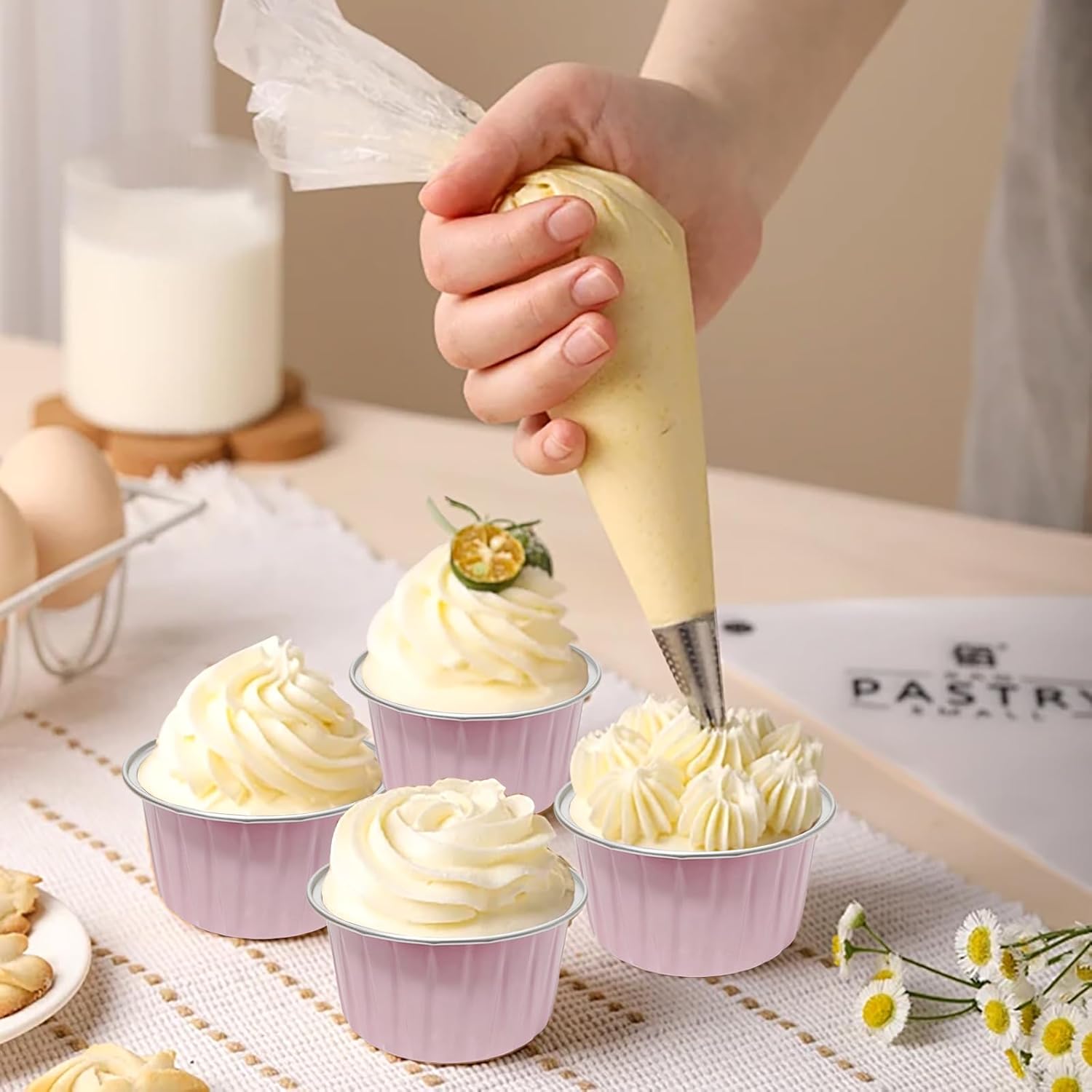 100 PCS Aluminium Foil Baking Cups, Mini Cake Pans with Lids and 100 PCS Spoons, 5 oz Disposable Baking Cups Foil Ramekins For Party Birthday Wedding Valentines (Pink) - Image 6