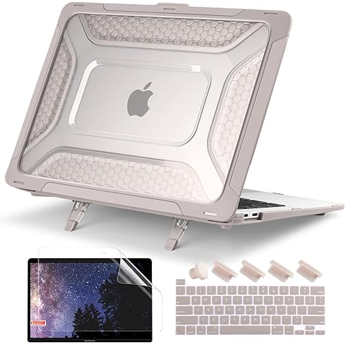 Batianda Protective Case for MacBook Pro 13 inch 2022 M2 Chip 2021 2020 Release A2338 M1 A2289 A2251 Model,Heavy Duty Honeycomb Hard Shell with TPU Bumper and Fold Kickstand & Keyboard Cover, Khaki