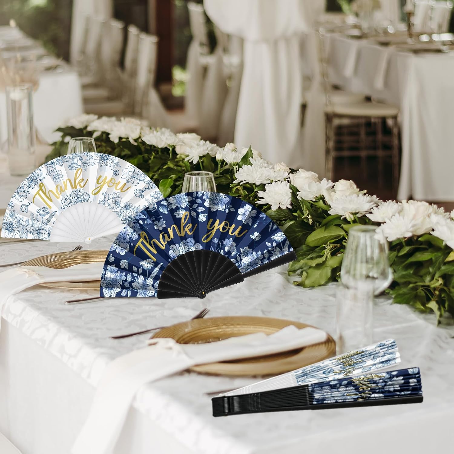 Cinrobiye 24 Pcs Blue Floral Folding Hand Fans for Guest Bulk Blue Flower Thank You Hand Fans Vintage Foldable Handheld Fan for Bridal Wedding Engagement Gift Baby Shower Party Favors Supplies (Blue2)