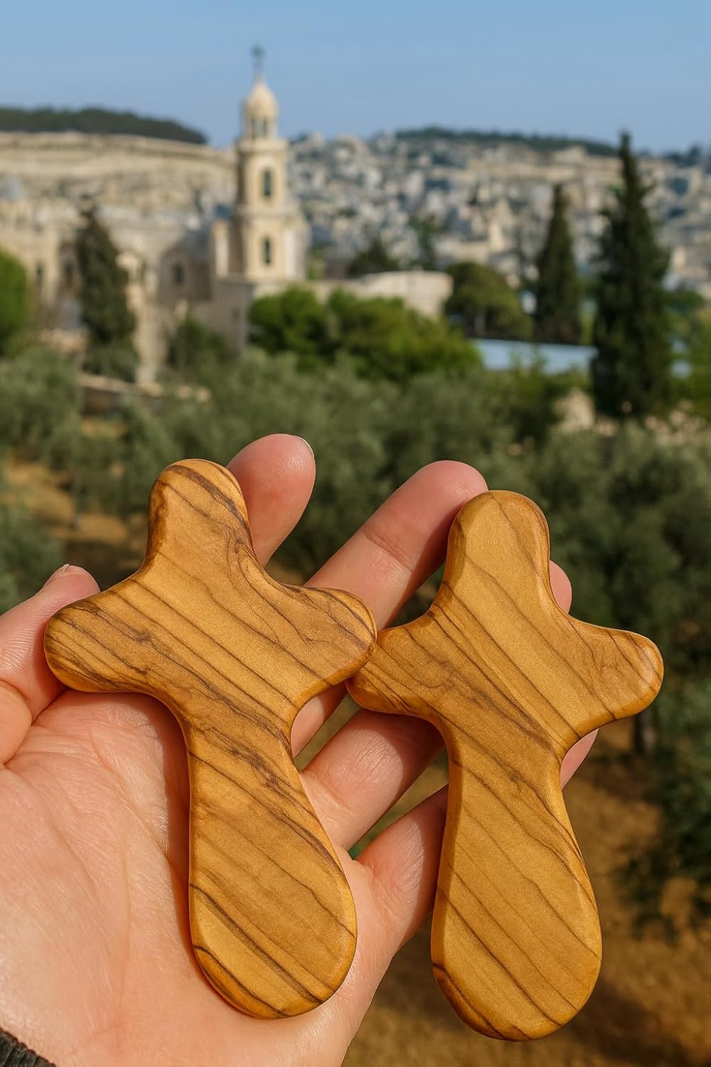 Zuluf Set of 2 Olive Wood Holding Comfort Crosses 4.2" – Holy Land Wooden Prayer Hand Cross – Palm Cross to Hold – Christian Gift with Certificates CRS099