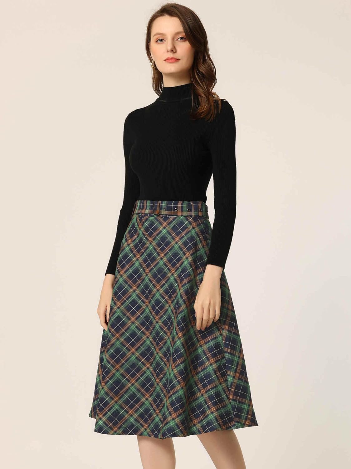 Allegra K Women's Tartan Plaid Christmas High Waist Belted Vintage A-Line Midi Skirt - Image 2