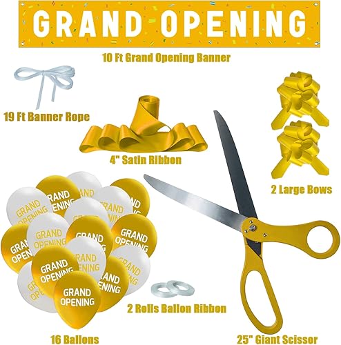 Miniatura 2 de Kit de ceremonia de corte de cinta dorada de gran apertura, tijeras gigantes de 25 pulgadas con cinta de satén dorada, pancarta, globos, lazos y más