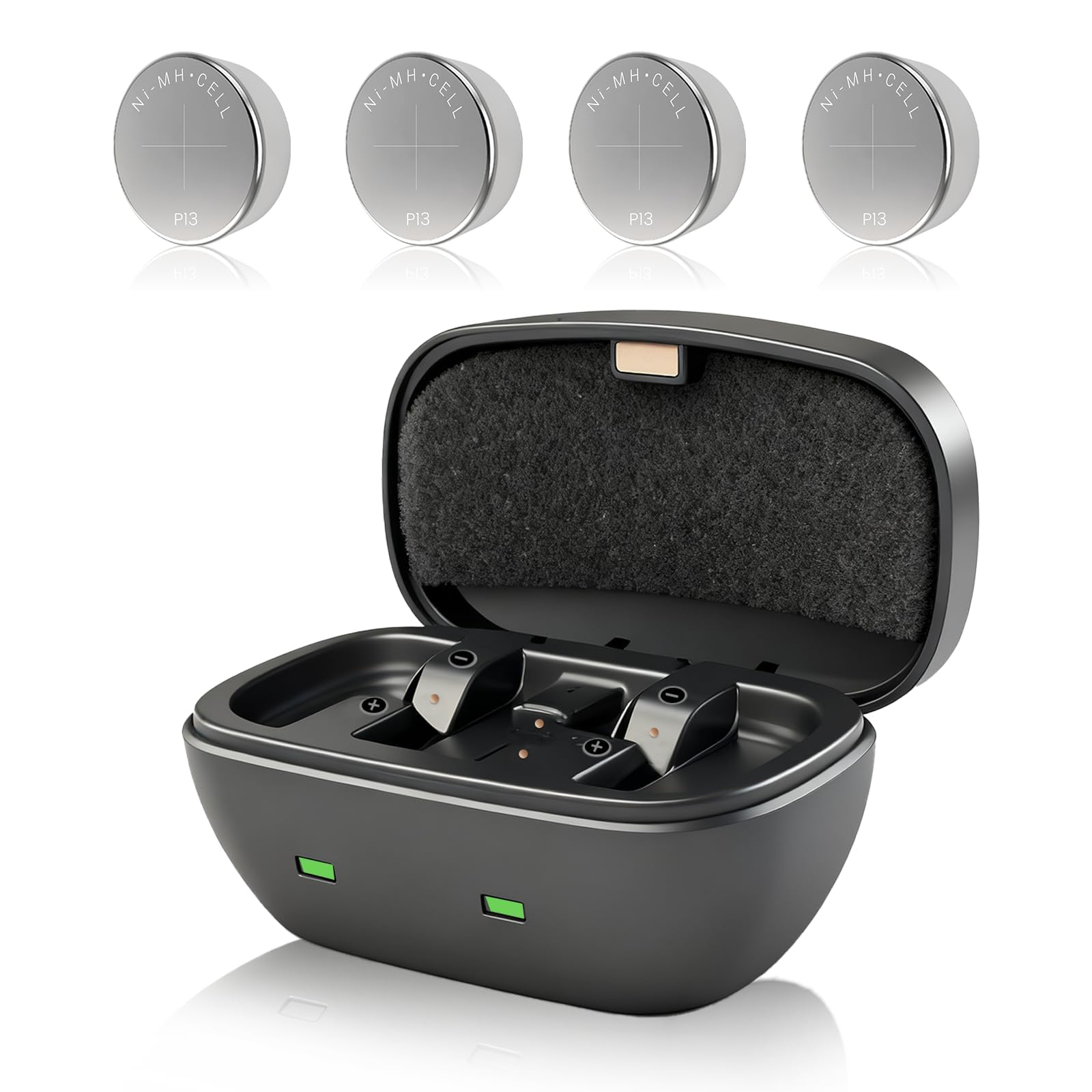 Chargeur pour appareil auditif P13 amélioré et kit de piles rechargeables, lot de 4 piles rechargeables résistantes aux fuites 28 mAh pour appareils auditifs avec chargeur de batterie (4 batteries +