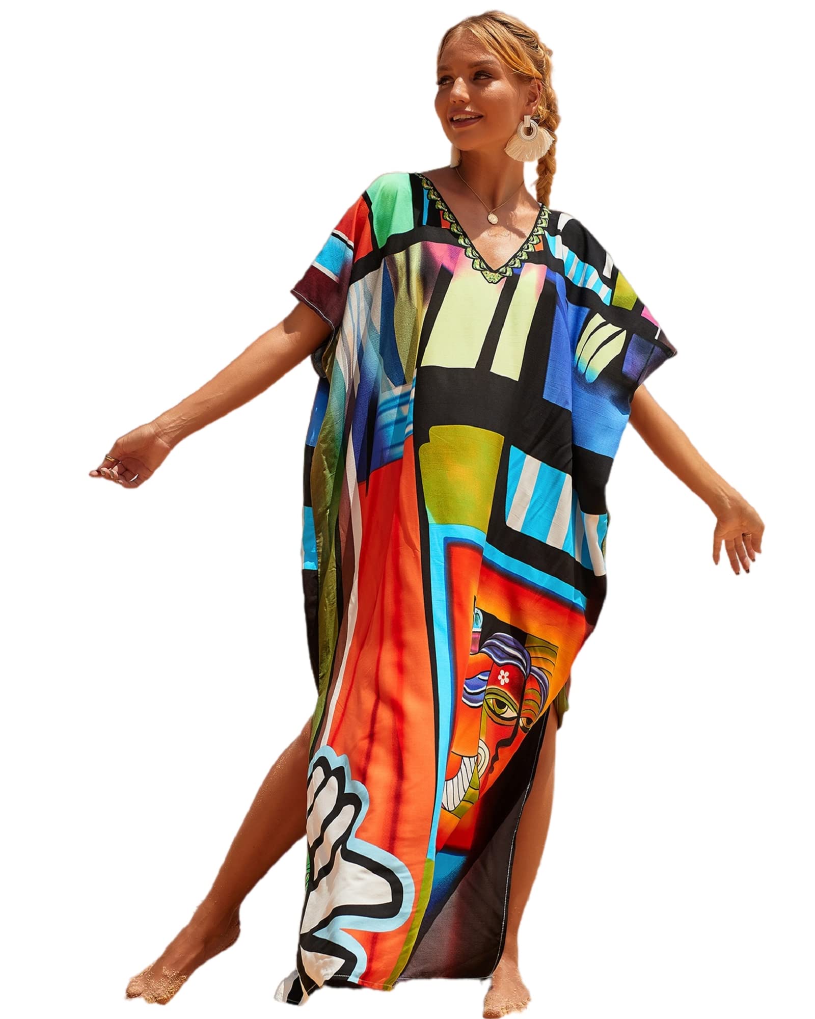 Jarseila Cárdigan Mujer Kaftan de Playa Colores Sólidos Vestido de Bikini para Verano Elegante Largo Playa Casual Traje de baño Cubrir Algodón
