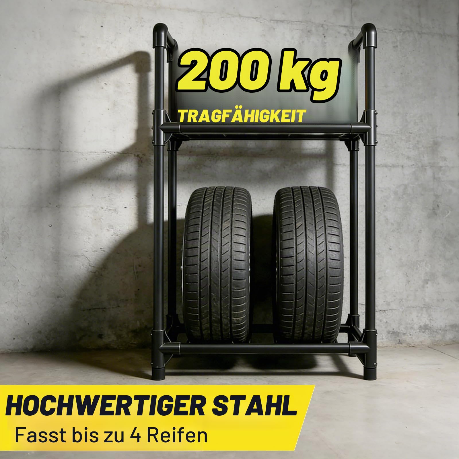 EXLECO Reifenständer 4 Reifen 57x37x114cm Schwarz | Felgenbaum für Autoreifen, Werkstattregal, Garagen-Reifenhalter, Tragkraft 200kg, Stahl beschichtet