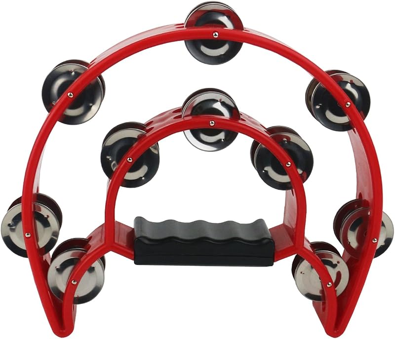 Double Row Handled Tambourine Metal Jingles Hand Held Percussion Drum with Ergonomic Handle Grip for Gift KTV/Party/Kids Toy (Red)