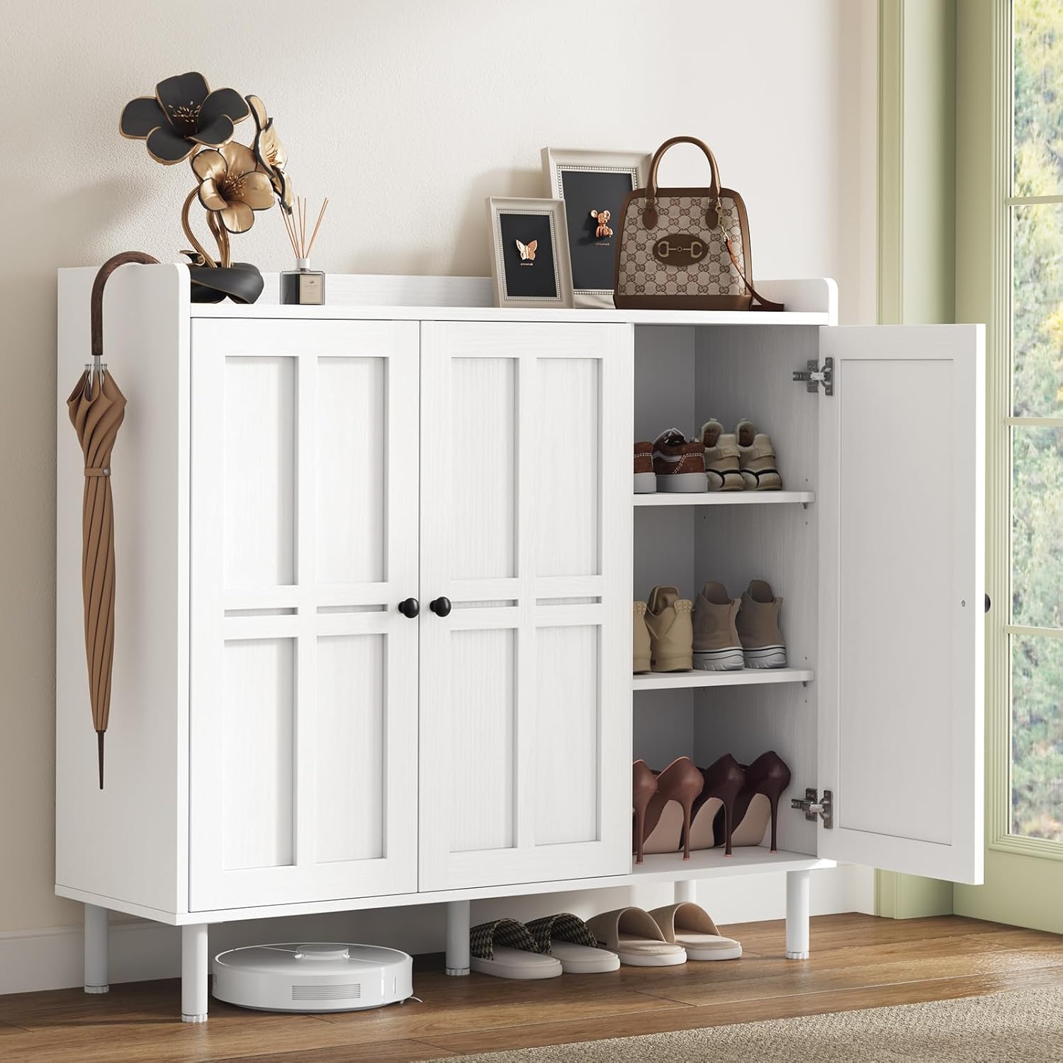 5+2 Tier Shoe Storage Cabinet with 3 Doors, 40" Tall Entryway Cabinet for 30 Pairs Shoe, Shoe Rack Organizer with 5 Adjustable Shelves & Metal Legs, Shoe Storage for Front Door Entrance, White