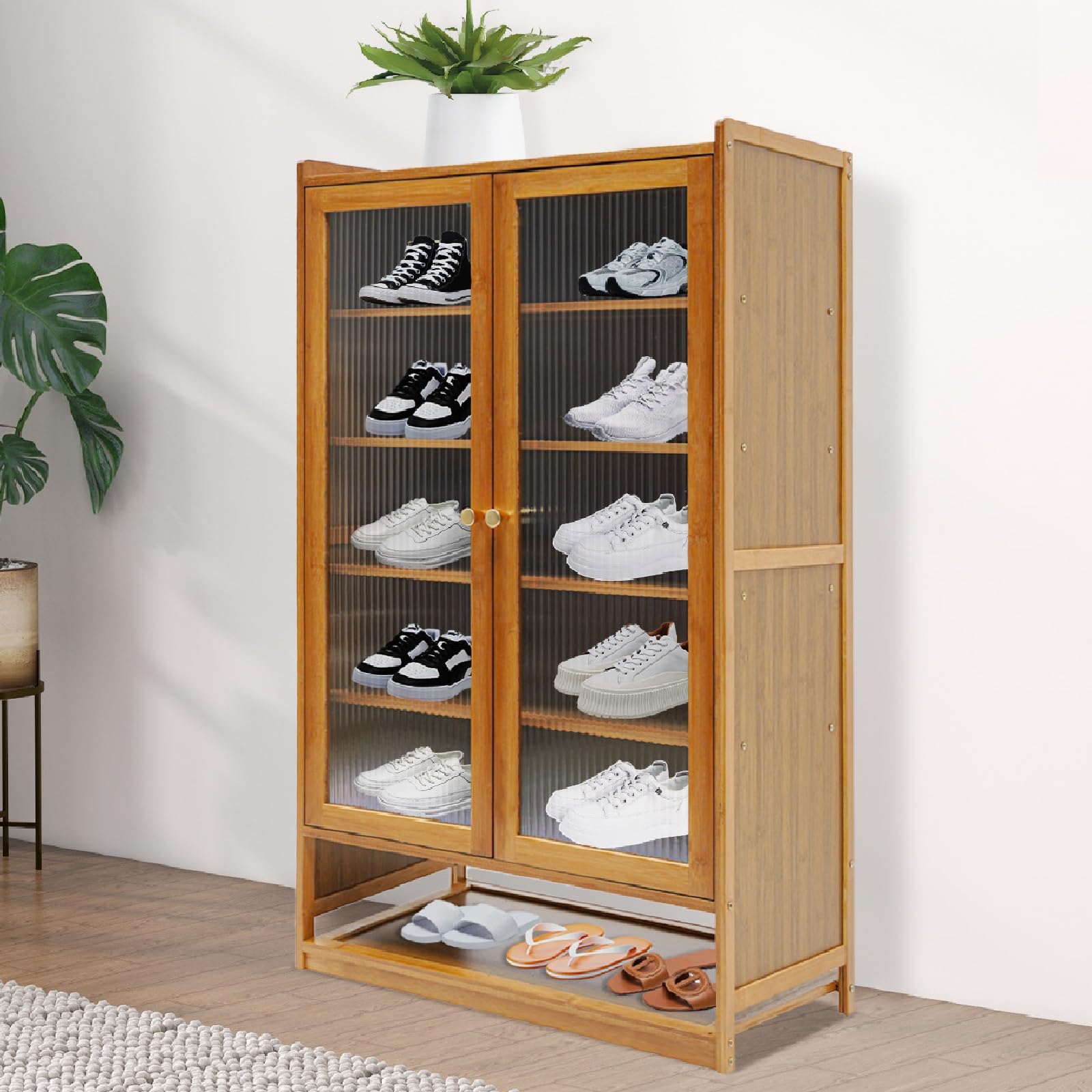 Scarpiera in bambù a 7 Ripiani con Porta in Acrilico, Organizer per Libri, scaffale per Scarpe da Ginnastica per Ingresso (Color tè)