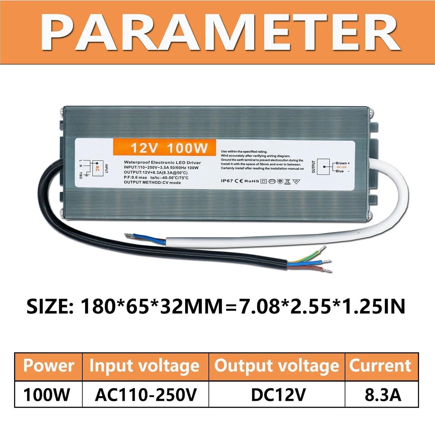 60W 80W 100W 150W 110V 220V to 12V LED Waterproof Ultra-Thin LED Driver Power Supply Transformer for Advertising Light Strip(12V 60W)