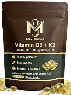 Vegan Vitamin D3 K2 Softgels 4000IU, 6 Months Supply, Olive Oil Based Lichen Sourced D3 and K2 Vitamin Complex, High Strength Vitamin D with K2, D3 Vitamin Supplements, 180 Count - Max Thrives