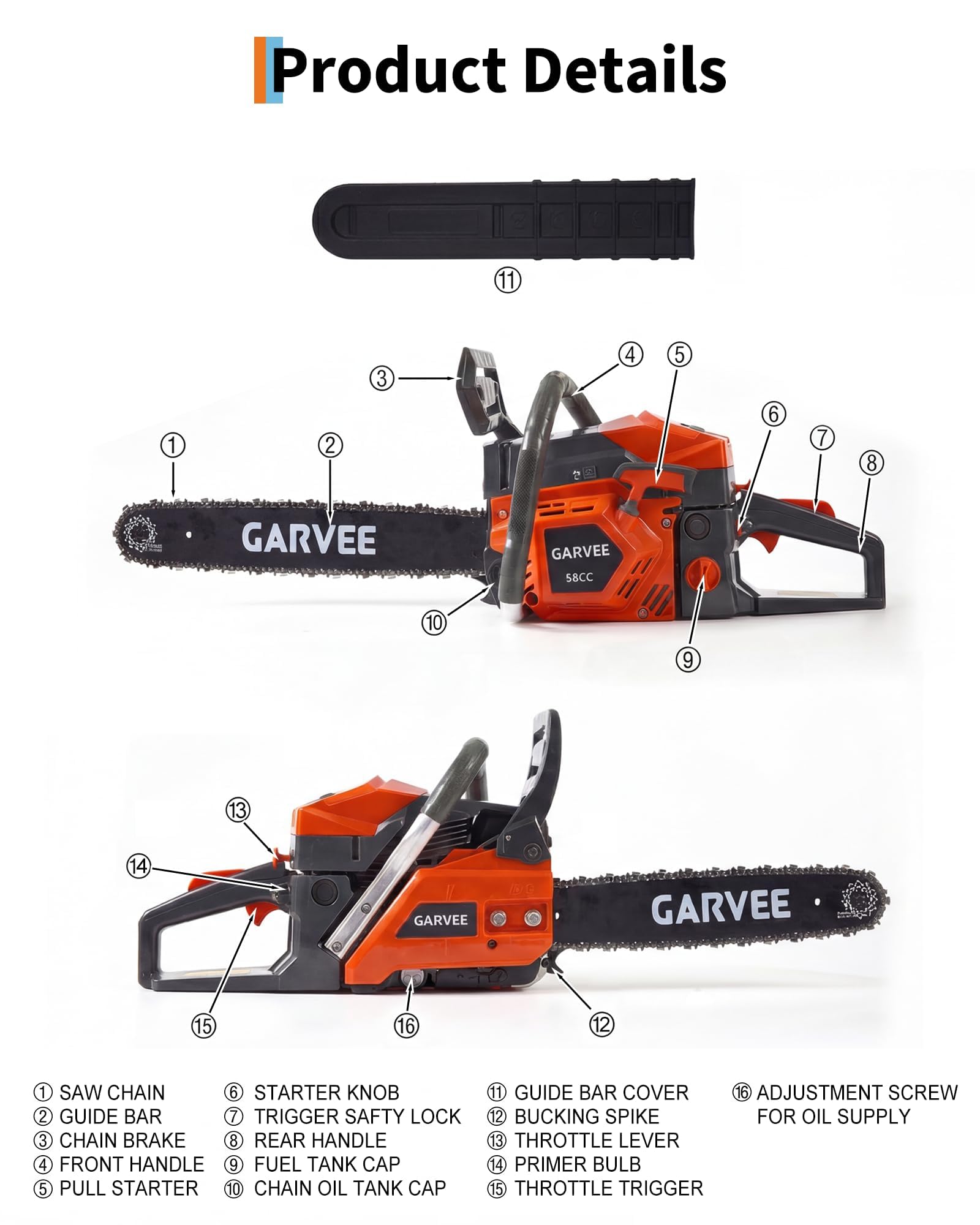 Garvee Motosierra de Gasolina 58cc, Motor de 2 Tiempos, Espada de 50 cm, Sistema de Arranque Rápido, Freno de Seguridad y Antivibración, Ideal para Tala de Árboles y Corte de Leña, Modelo 5800 Naranja