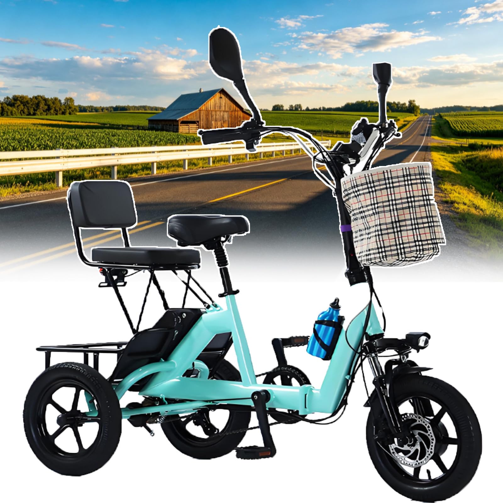 ErShangMao Heavy-Duty Adult Electric Tricycle Bike,Foldable Electric Trike For Shopping,200kg Capacity Commuter Tricycle With Passenger Seat,40km Range, Led Headlight,Lcd Display,Mirror & Horn Green