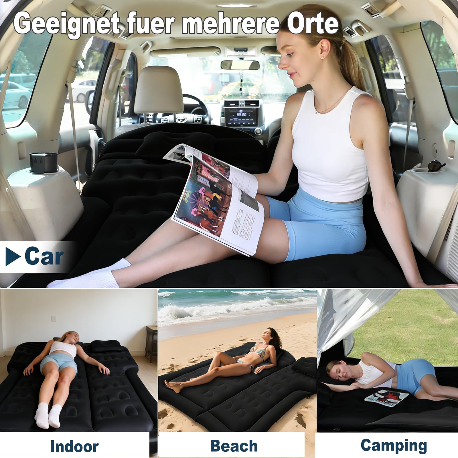 Materasso ad aria per SUV, materasso gonfiabile per sedile posteriore del camion, materasso ad aria pieghevole con superficie floccata, letto ad aria portatile per tenda da (Black)