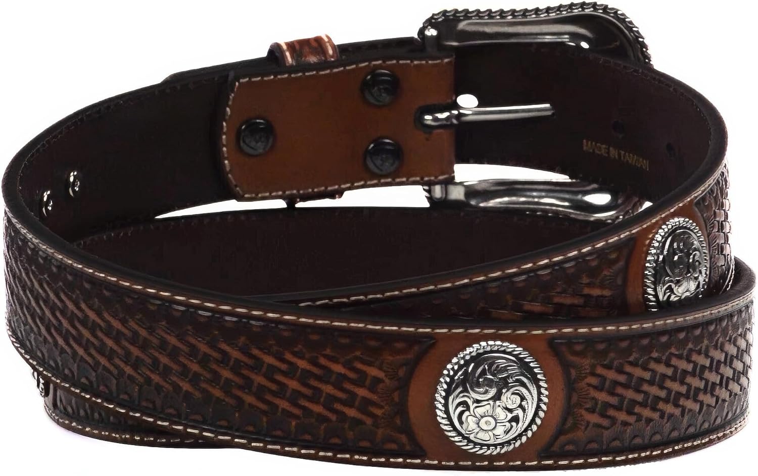 ARIAT Men's Basketweave-Stamped Leather Western Belt with Silver Conchos - Image 3