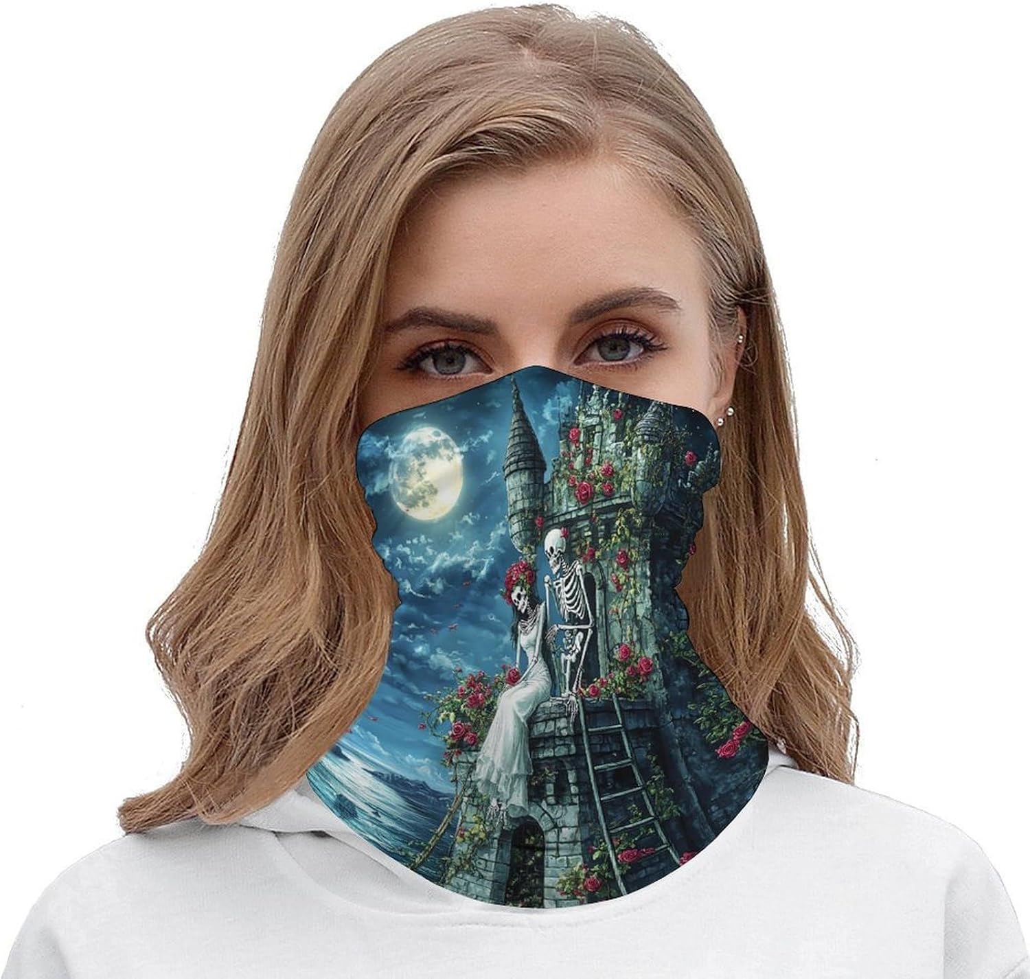 Romantic Gothic Skeleton Lovers Castle Face Cover Neck Gaiters for Men Women Sun Protection Mask Scarf Hiking Bandana
