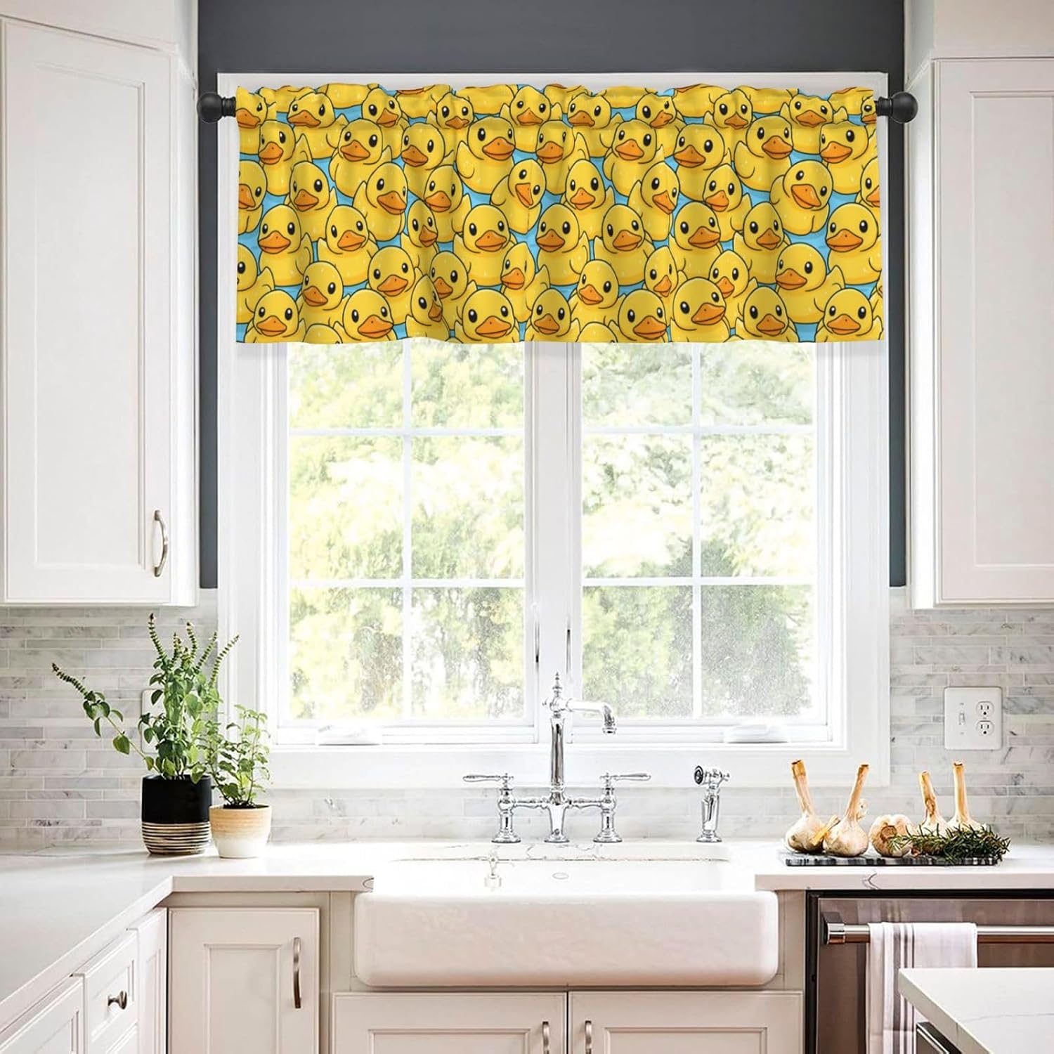 Cute Yellow Rubber Ducks Valances for Windows, Rod Pocket Kitchen Curtain Valances, Light Filtering Short Window Valance Curtains Topper for Bathroom Laundry Room, 54x18 Inch, 1 Panel