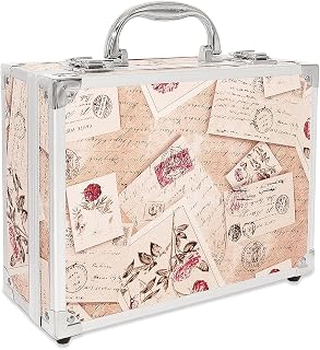 Portable Makeup Box,Vanity Train Case with Mirror,Cosmetic Storage Bag Tray,Large Beauty Nail Box Organiser for Vanity,Lockable Travel Make Up Tools Holder Handle (Retro Stamp - Suitcase)