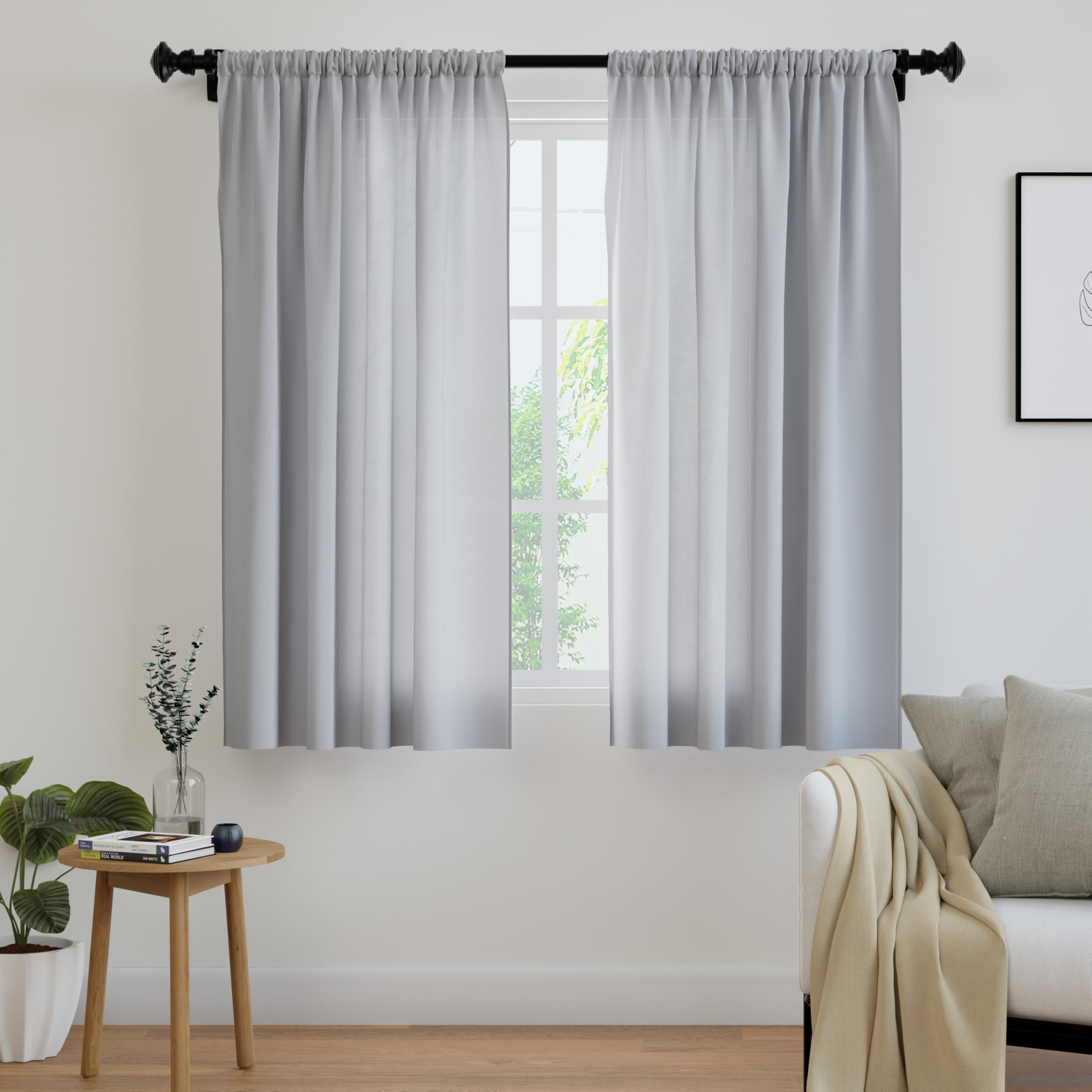 Encasa Homes Cortinas sólidas de poliéster con Atado, 140x183 cm Window Juego de Paneles de 2 - Gris, Bolsillo de Vara, Filtro de luz, Cortinas para Puerta, Dormitorio, Sala de Estar