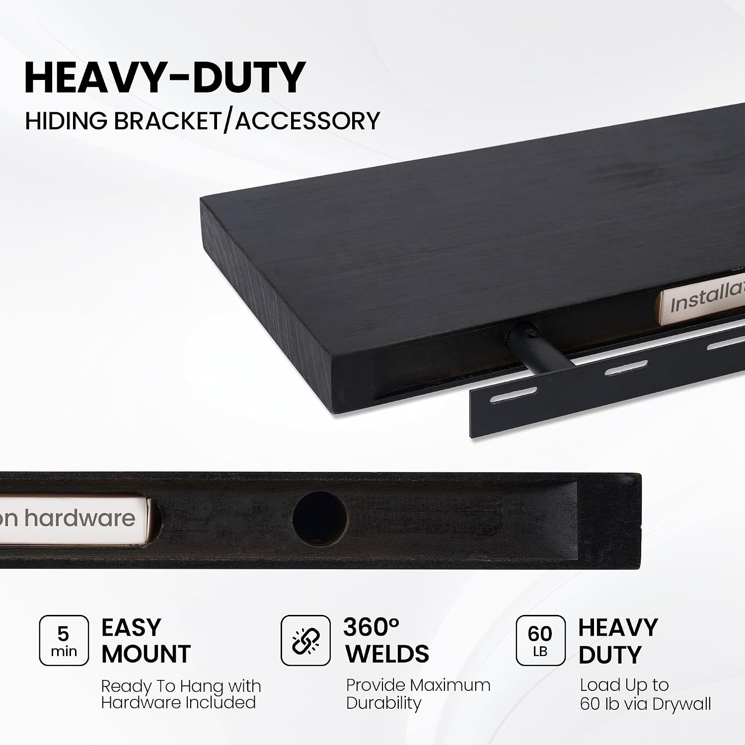 Fun Memories Solid Wood Floating Shelves for Wall, Set of 2 – 24 Inch Rustic Farmhouse Wall Shelf, Deep Natural Wood Storage Shelf for Kitchen, Living Room, Bedroom – Black