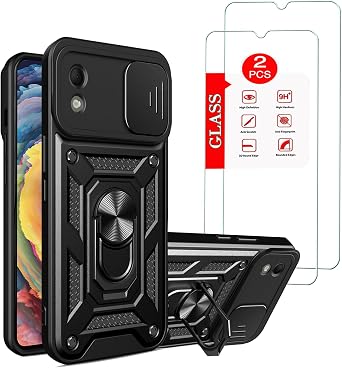 for Nokia C110 Case with [2 Pack] Tempered Glass Screen Protector, for Nokia C110 [Military-Grade] Protective Armor,with Lens Protects Magnetic Kickstand Car Mount Holder Phone Case Black