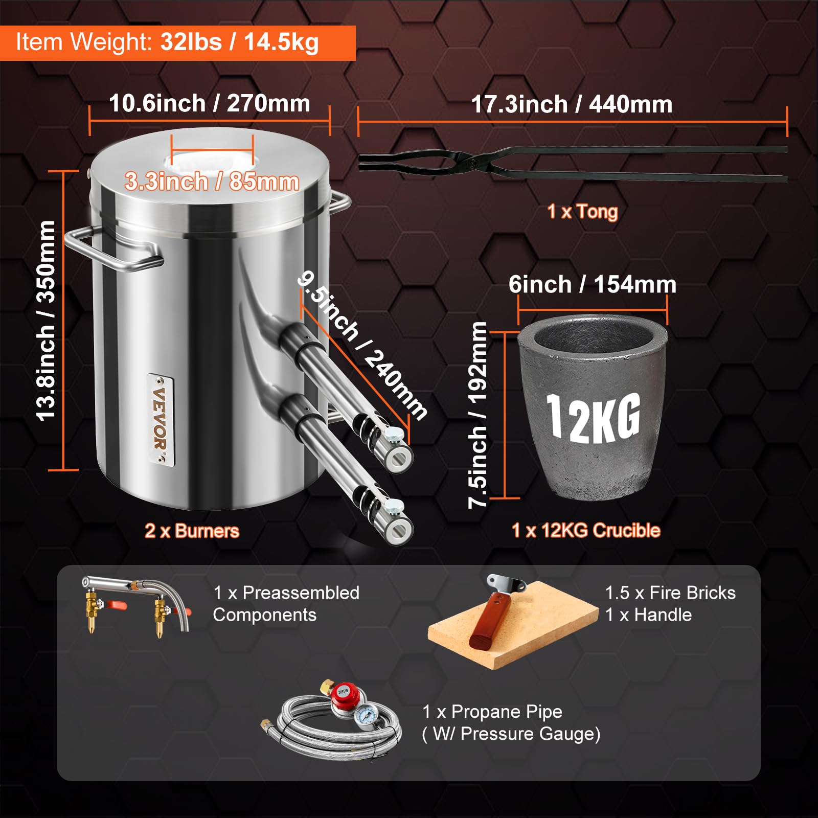 VEVOR Schmelzofen Propan Metall Schmelzofen 12 kg, Edelstahl Schmelzofen Gas 1482 ℃ inkl. 2 x Brenner, 1 x Tiegel, Schmiede Messerherstellung Schmiedeset für Kupfer, Aluminium, Gold, Silber usw.