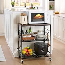 Rolling Kitchen Microwave Cart 3 Tier Microwave Stand with Storage Small Kitchen Island with Wheels Wood Mental Kitchen Shelf Rack Black Organizer for Living Room Office Balcony