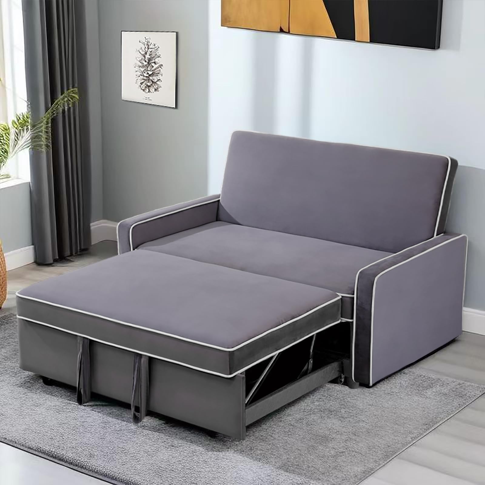 Pull Out Couch 3 in 1 Sleeper Loveseat 53'' 2-Seater Convertible Sofa Bed with Adjustable Backrest, Perfect for Living Room and Office, Grey