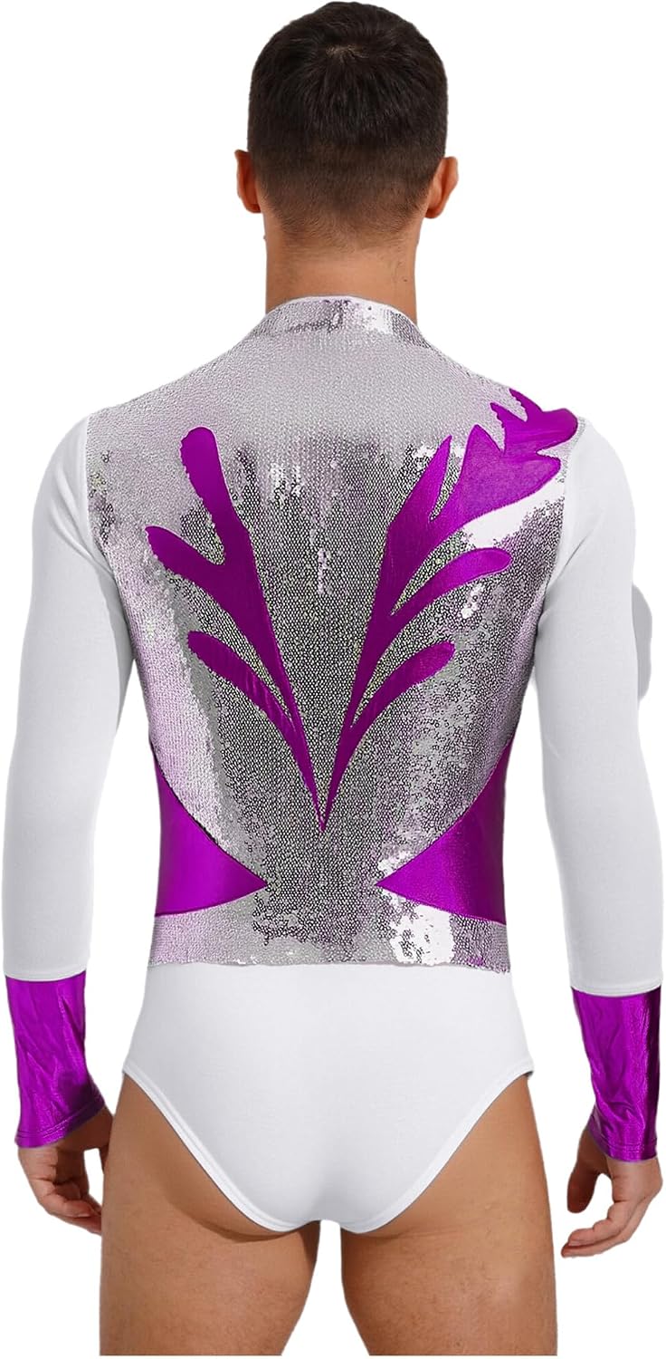 Aislor Mens Figure Skating Bodysuit Metallic Shiny V Neck Long Sleeve Ballet Latin Dance Leotard