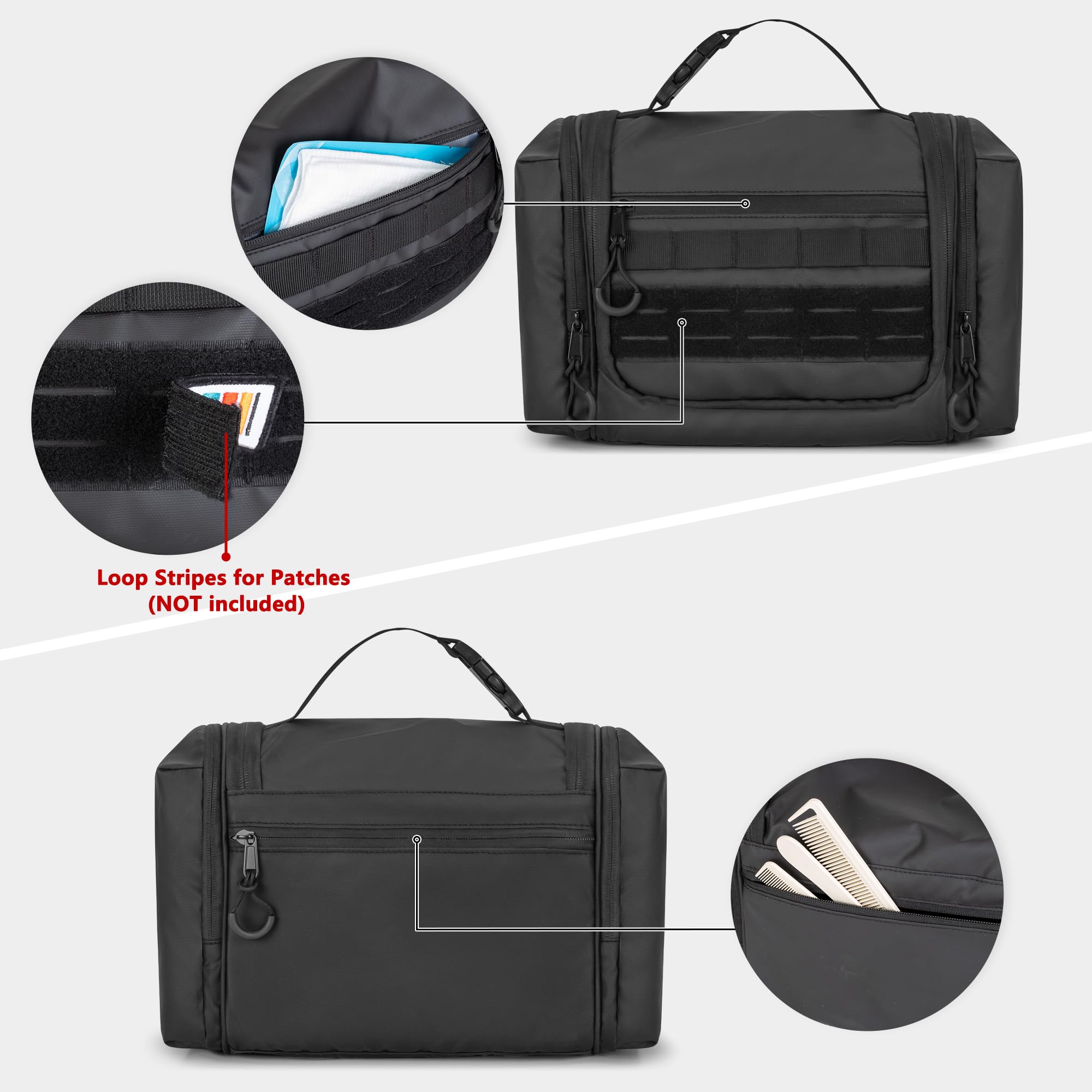 Beauty Case Tattico da Appendere per Campeggio, Nero | Beauty Case da Uomo, Gancio per Appenderlo, Tasca Separata per Asciugamano, Ampio Spazio Laterale