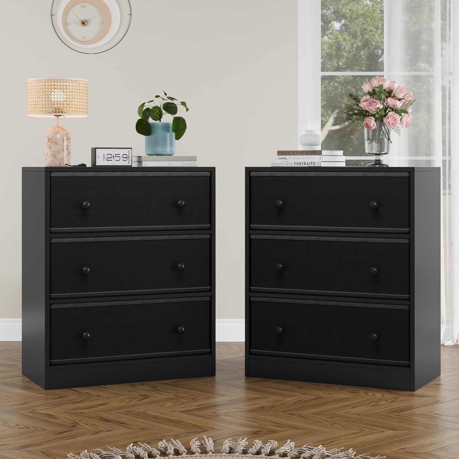 MHOM Modern Nightstand, 22.8" Wide Wood End Table with Fabric Drawers, Small Side Table for Bedroom, Black