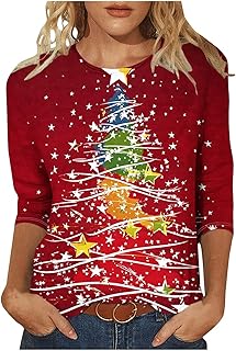 KQIVAM Christmas Tops for Women 3/4 Sleeve Christmas Tree Pr