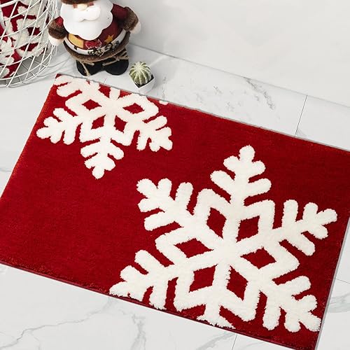 Miniatura 8 de Alfombra de baño roja para decoración de baño, bonita alfombra de baño antideslizante, nieve blanca, decoración del hogar, alfombra de ducha