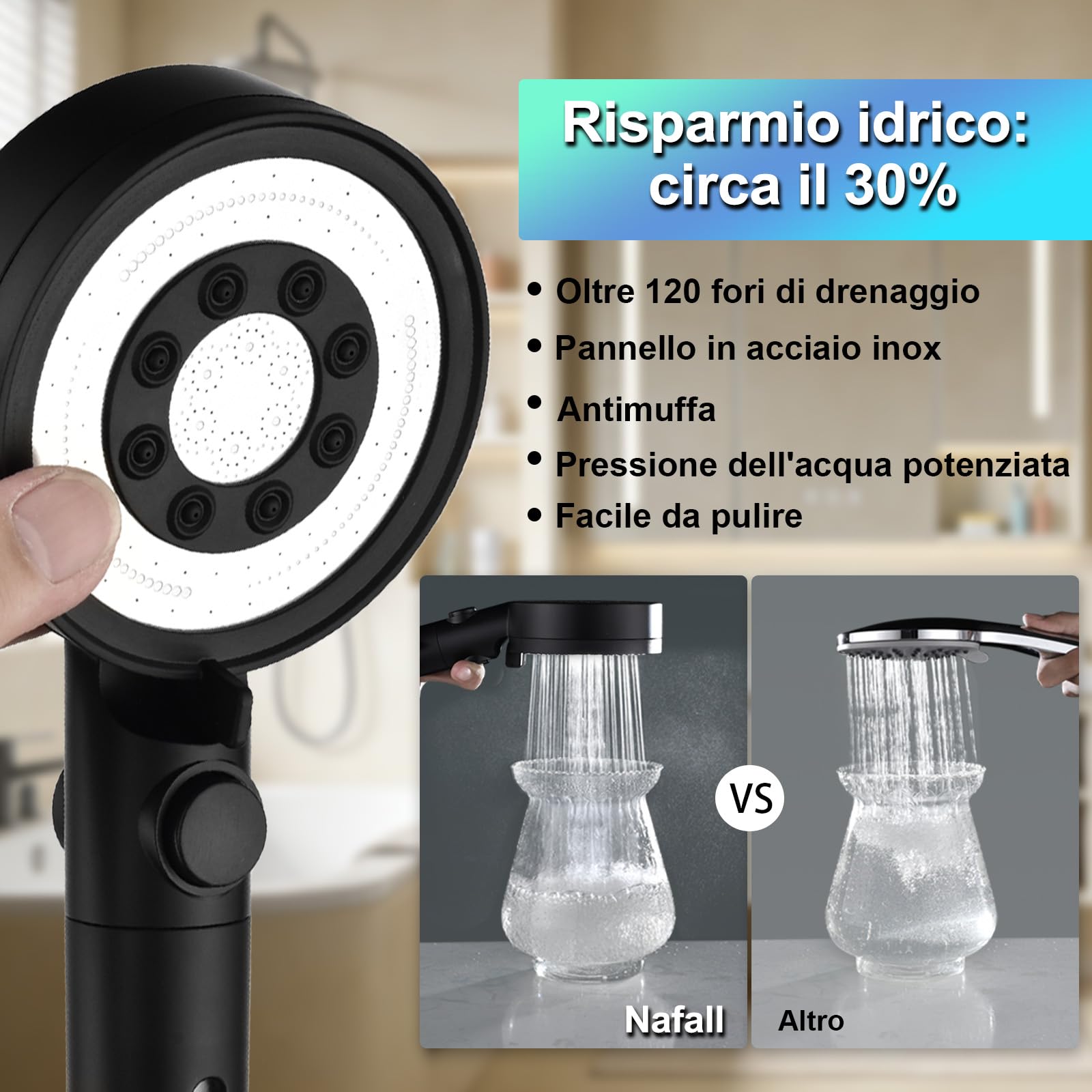 Soffione Doccia Nero Alta Pressione con 4 PP Filtro, 5 Modi | Doccino doccia alta pressione filtra cloro residuo, batteri, metalli pesanti altro, universale g1/2, funzione arresto