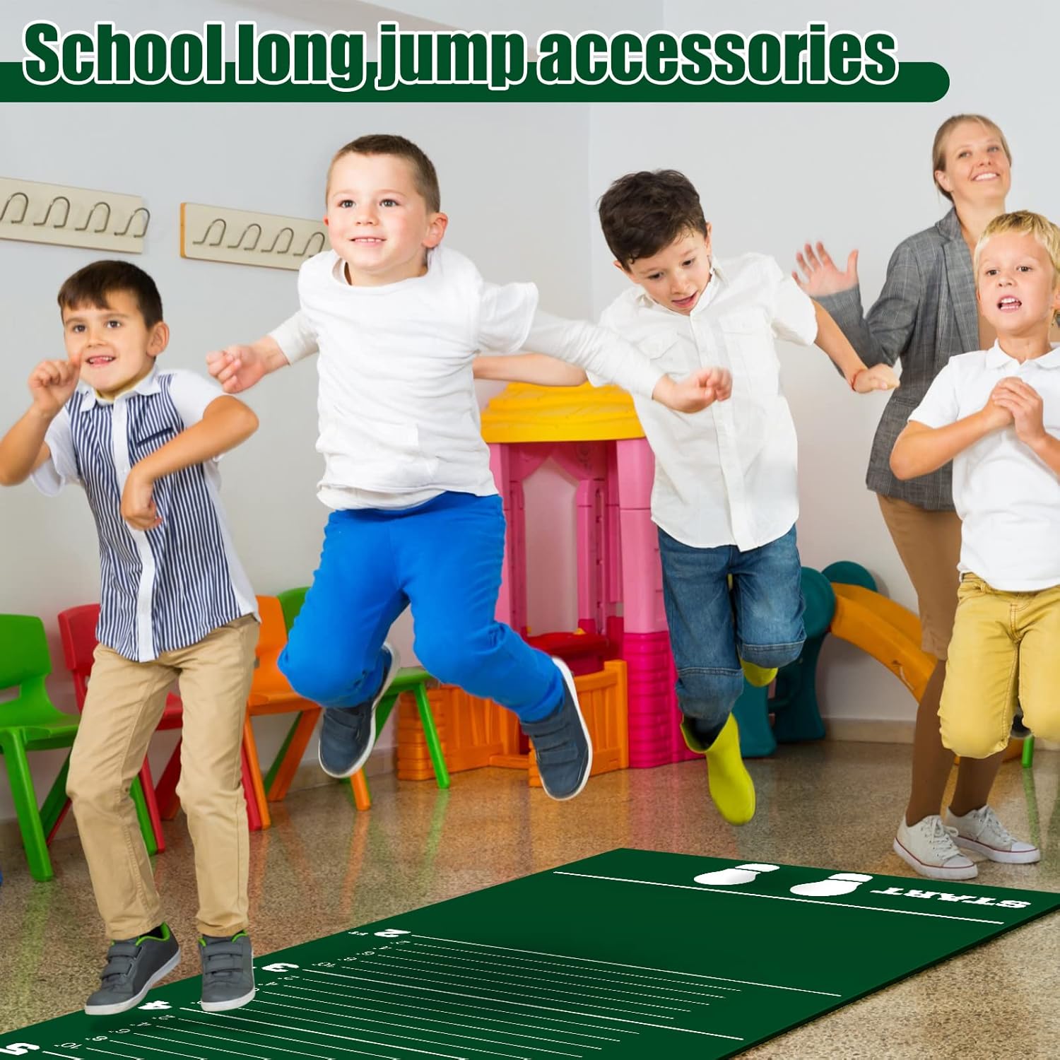 Woanger 12 x 2.5 Ft Long Jump Mat Green Sports Broad Jump Measurement Mat Hash Marks Carpeted Non Slip for Gym School Home Flooring Exercise Workout Training